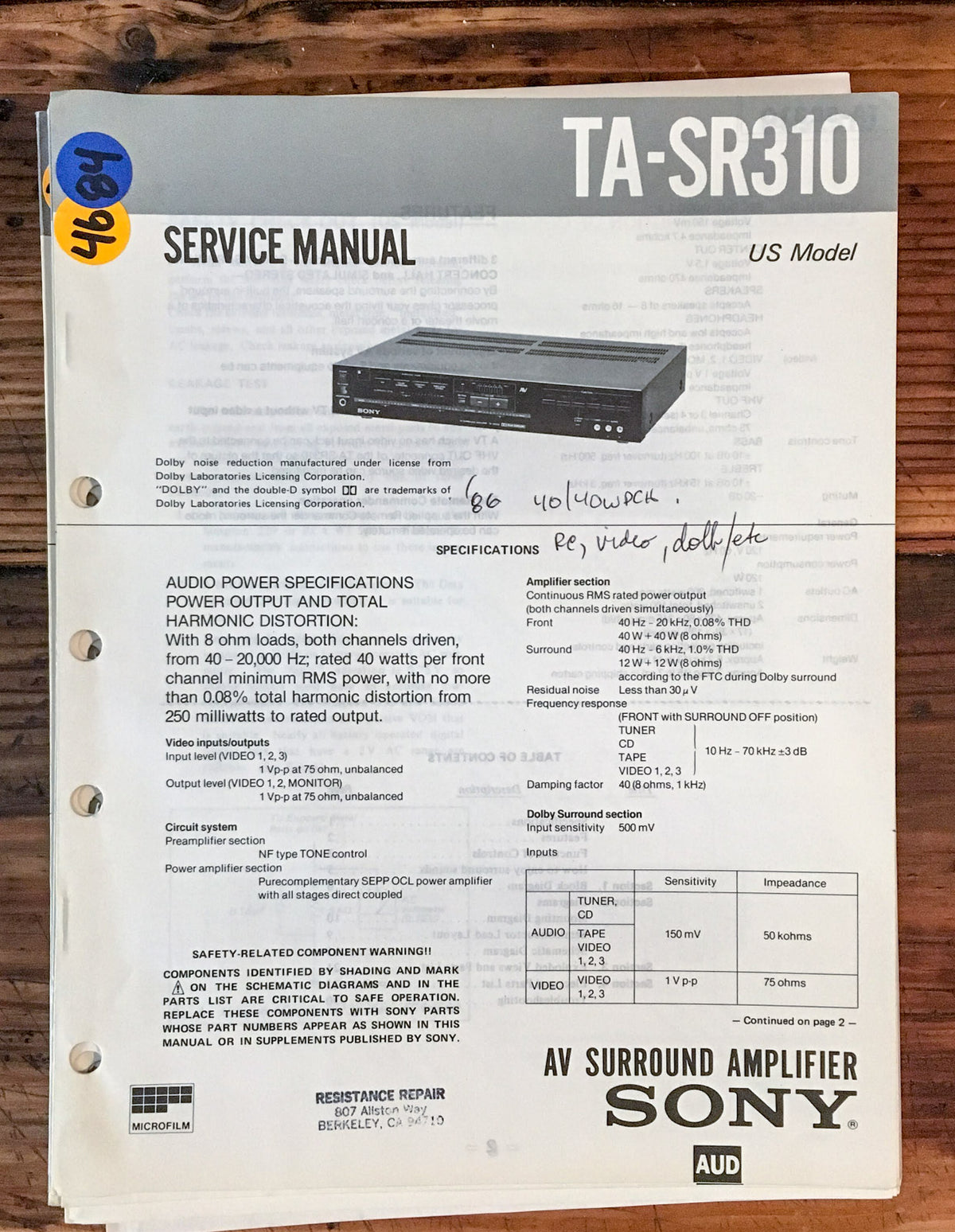 Sony TA-SR310 Amplifier  Service Manual *Original*