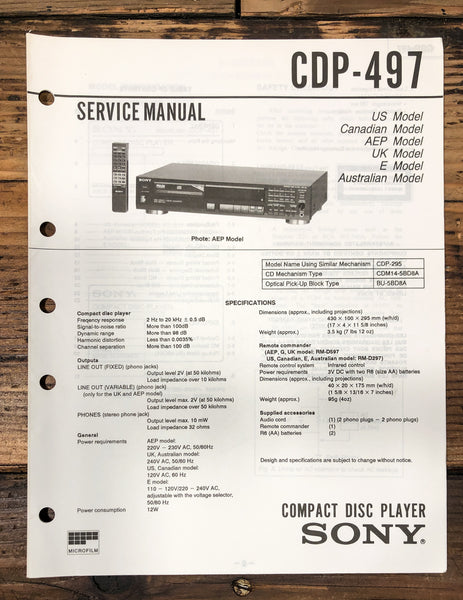 Sony CDP-497 CD Player Service Manual *Original*