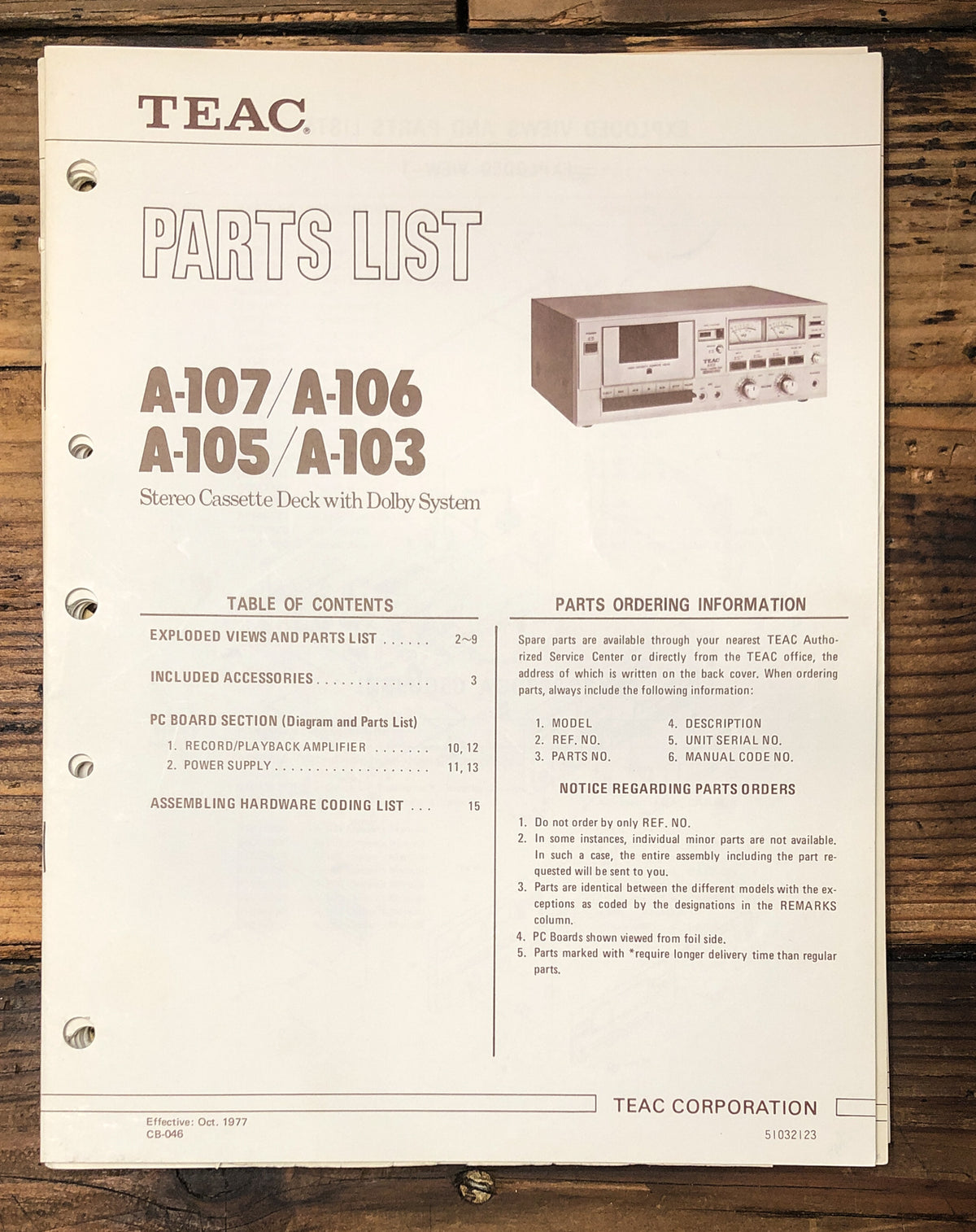 Teac A-103 105 106 107 Cassette  Parts List Manual *Original*