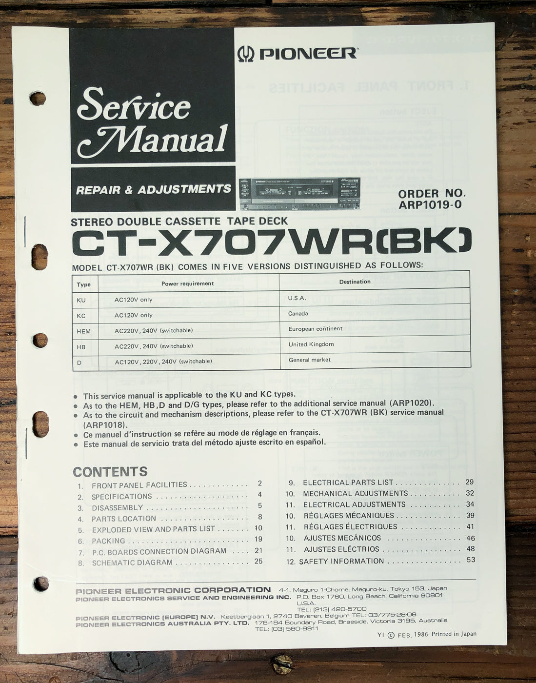 Pioneer CT-X707WR(BK) Double Cassette Deck Service Manual *Original*