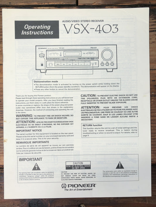 Pioneer VSX-403 Receiver Owners / User Manual *Original*