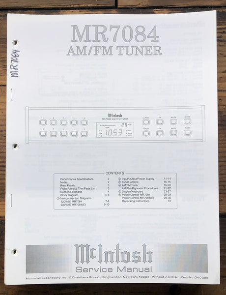 McIntosh MR7084 MR-7084 Tuner  Service Manual *Original* #2