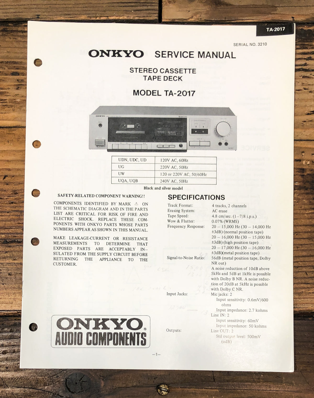 Onkyo TA-2017 Cassette Service Manual *Original*