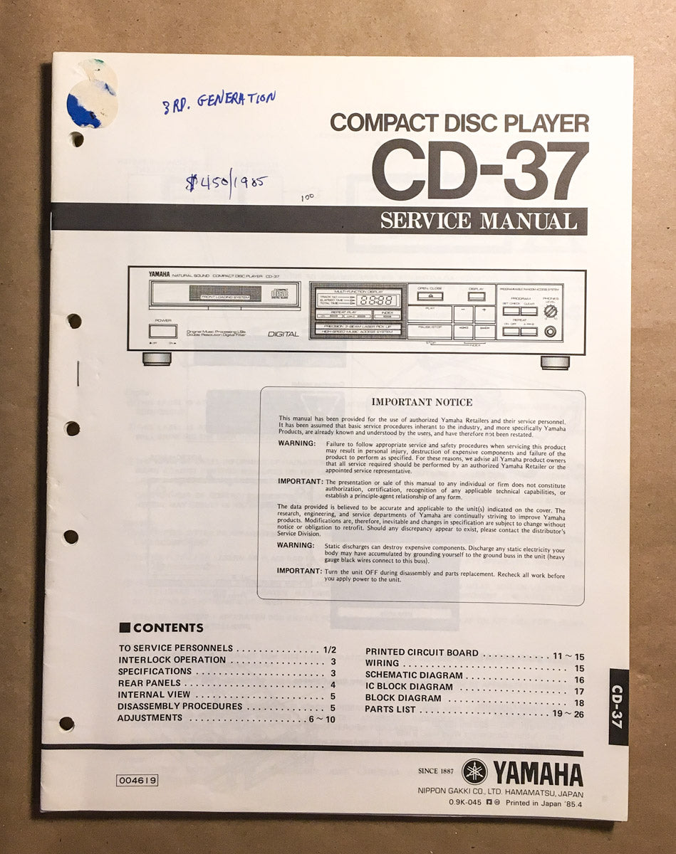Yamaha CD-37 CD Player  Service Manual *Original*