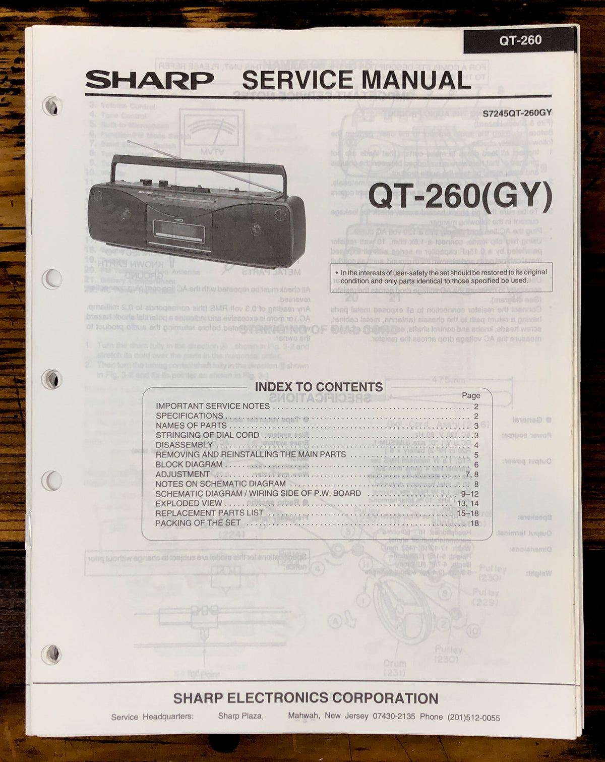 Sharp QT-260 Radio Service Manual *Original*