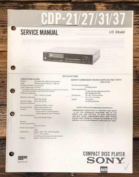 Sony CDP-21 -27 -31 -37 CD Player Service Manual *Original*