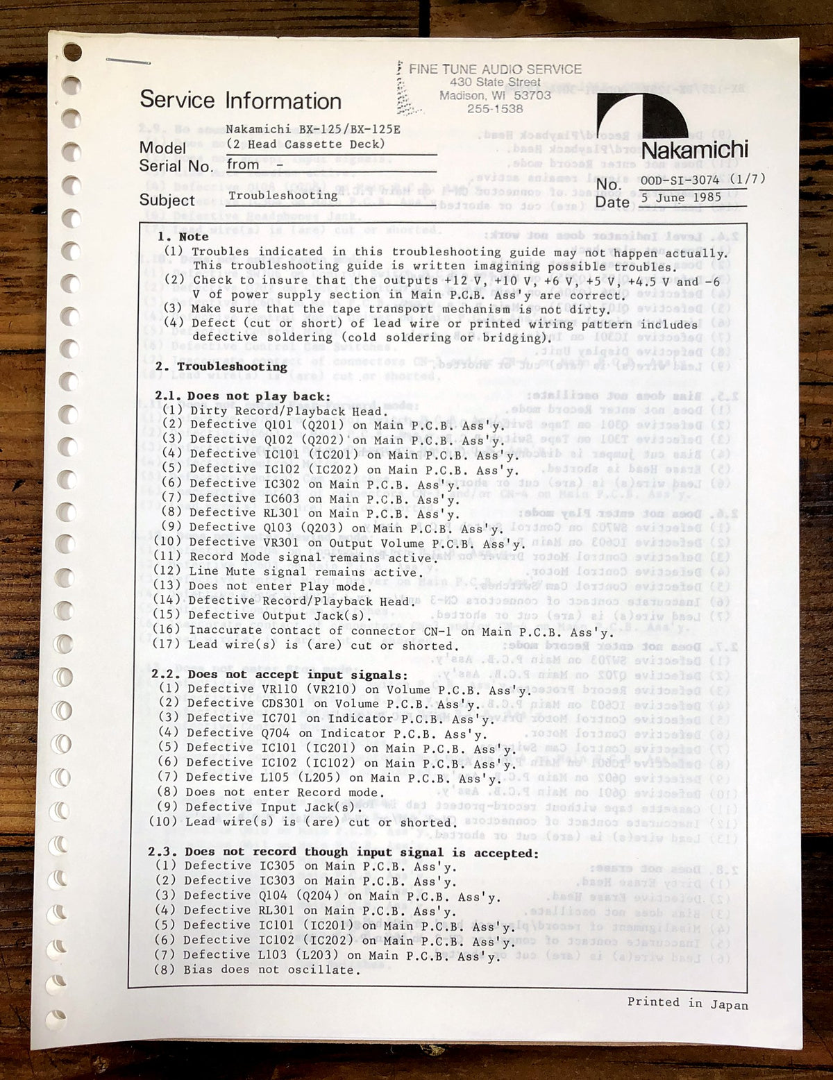 Nakamichi BX-125 BX-125E 2 Head Cassette Deck Supp. Service Manual *Original*