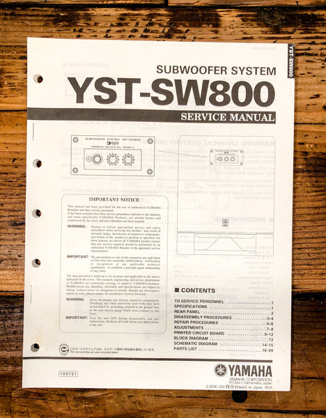 Yamaha YST-SW800 Subwoofer / Speaker  Service Manual *Original*