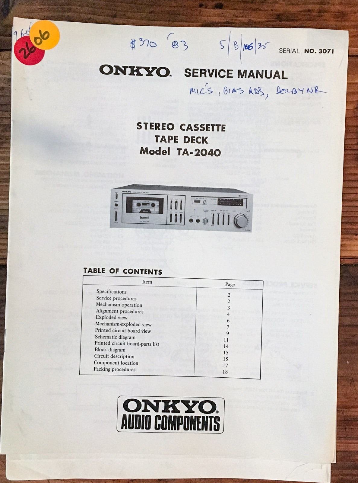Onkyo TA-2040 Cassette  Service Manual *Original*