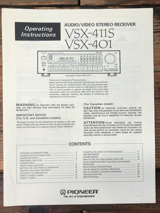 Pioneer VSX-411S VSX-401 Receiver Owners / User Manual *Original*