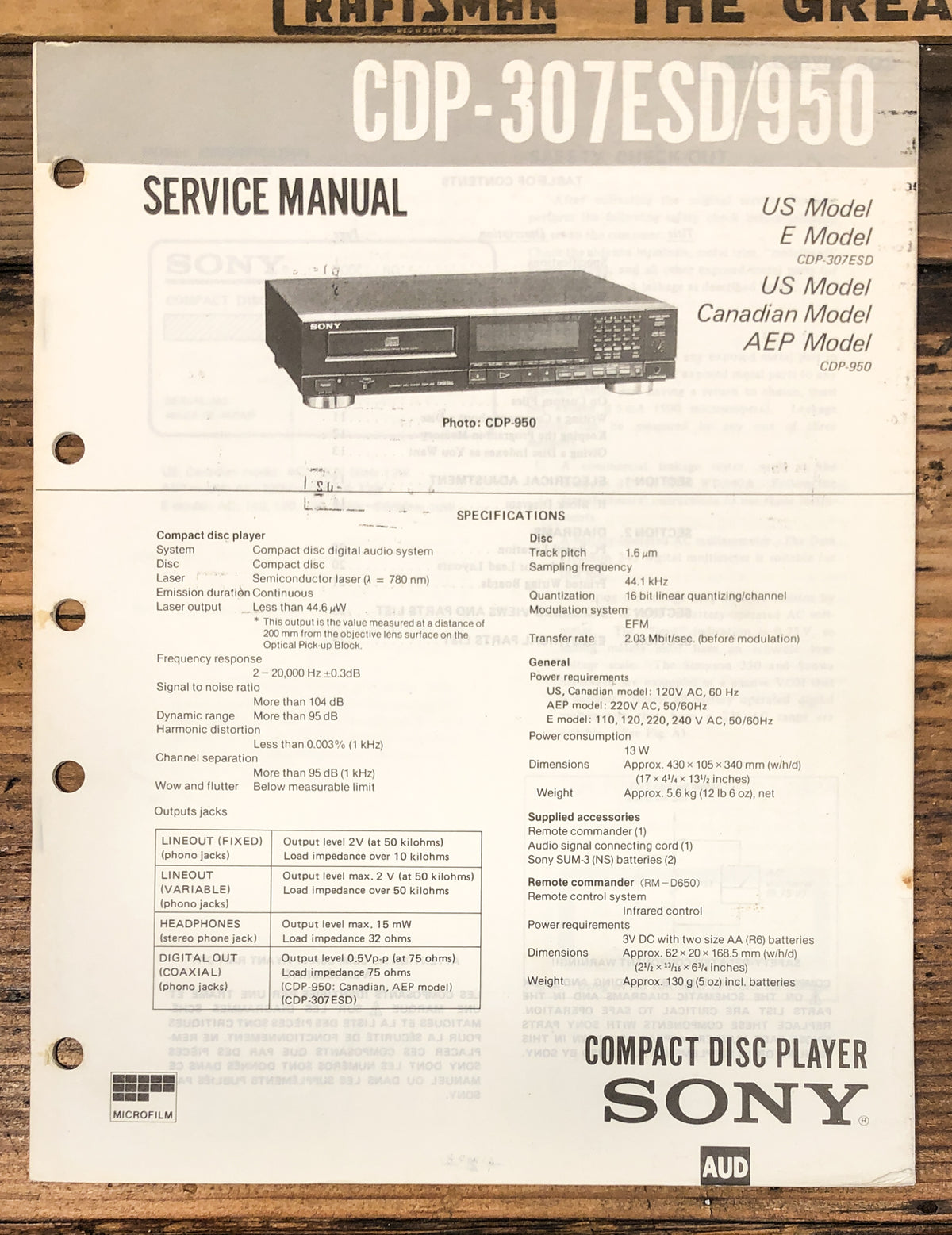 Sony CDP-307ESD CDP-950 CD Player  Service Manual *Original*