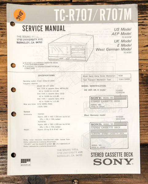 Sony TC-R707 TC-R707M Cassette Service Manual *Original*