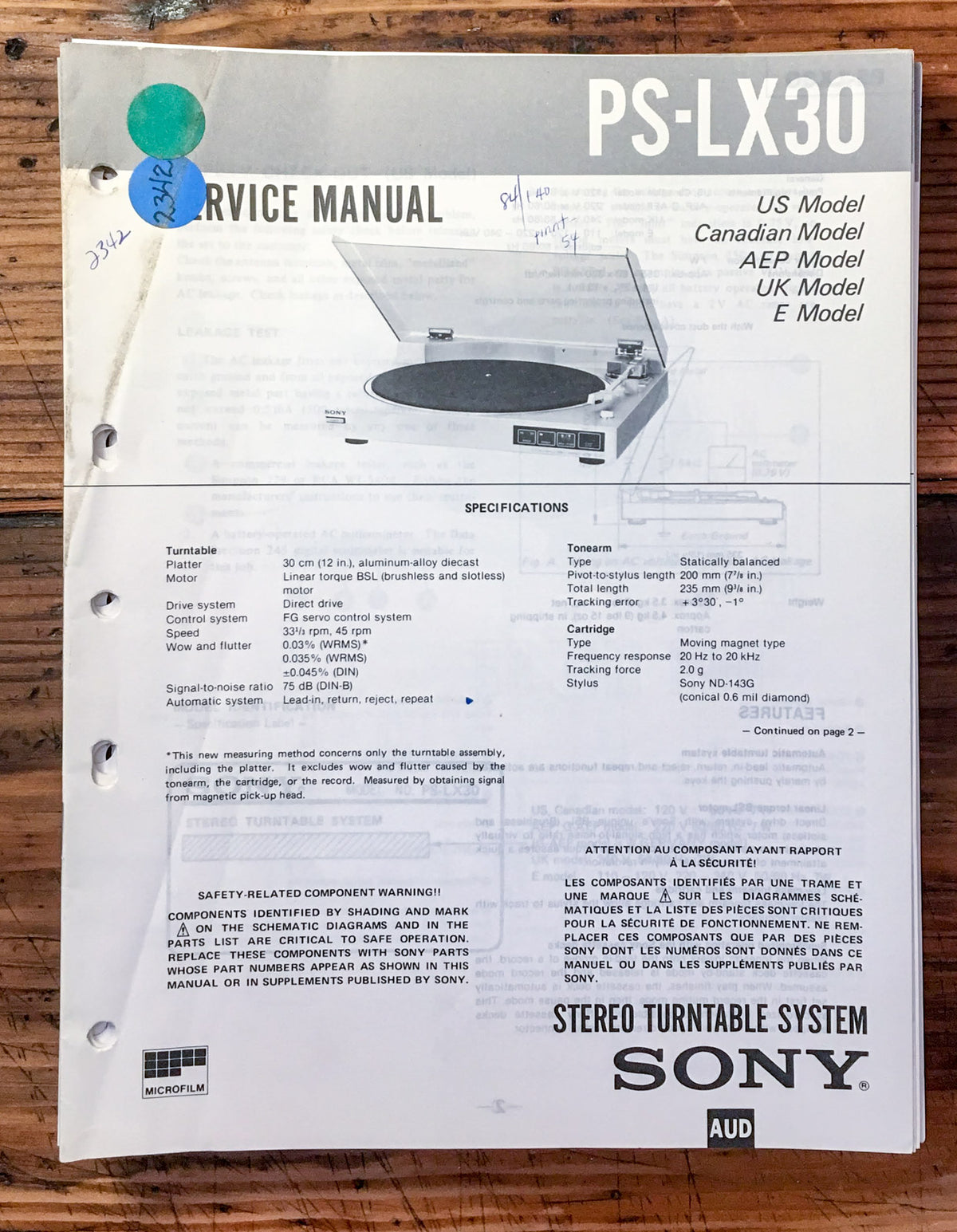 Sony PS-LX30 Record Player / Turntable  Service Manual *Original*