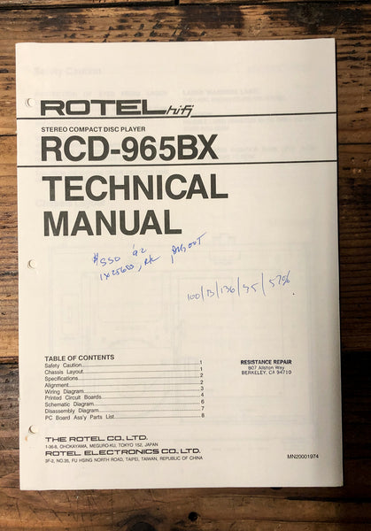 Rotel RCD-965BX CD Player  Service Manual *Original*