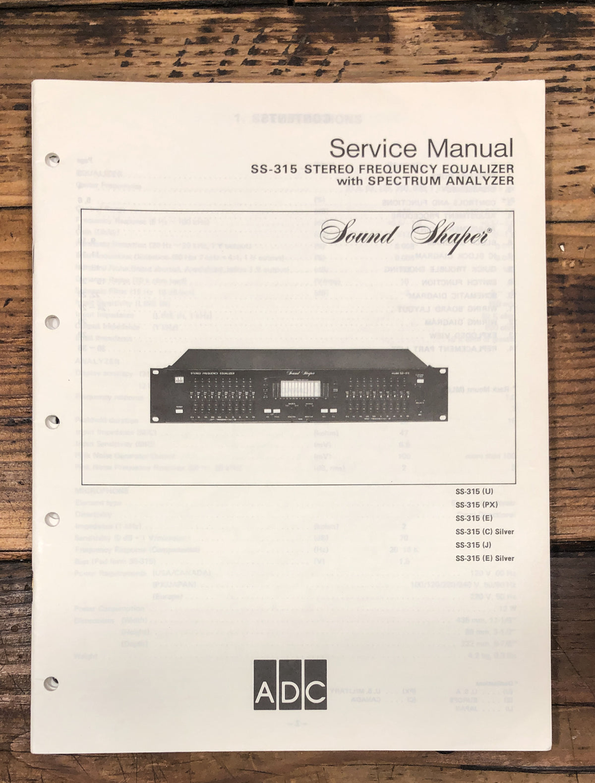 ADC SS-315 Equalizer  Service Manual *Original*