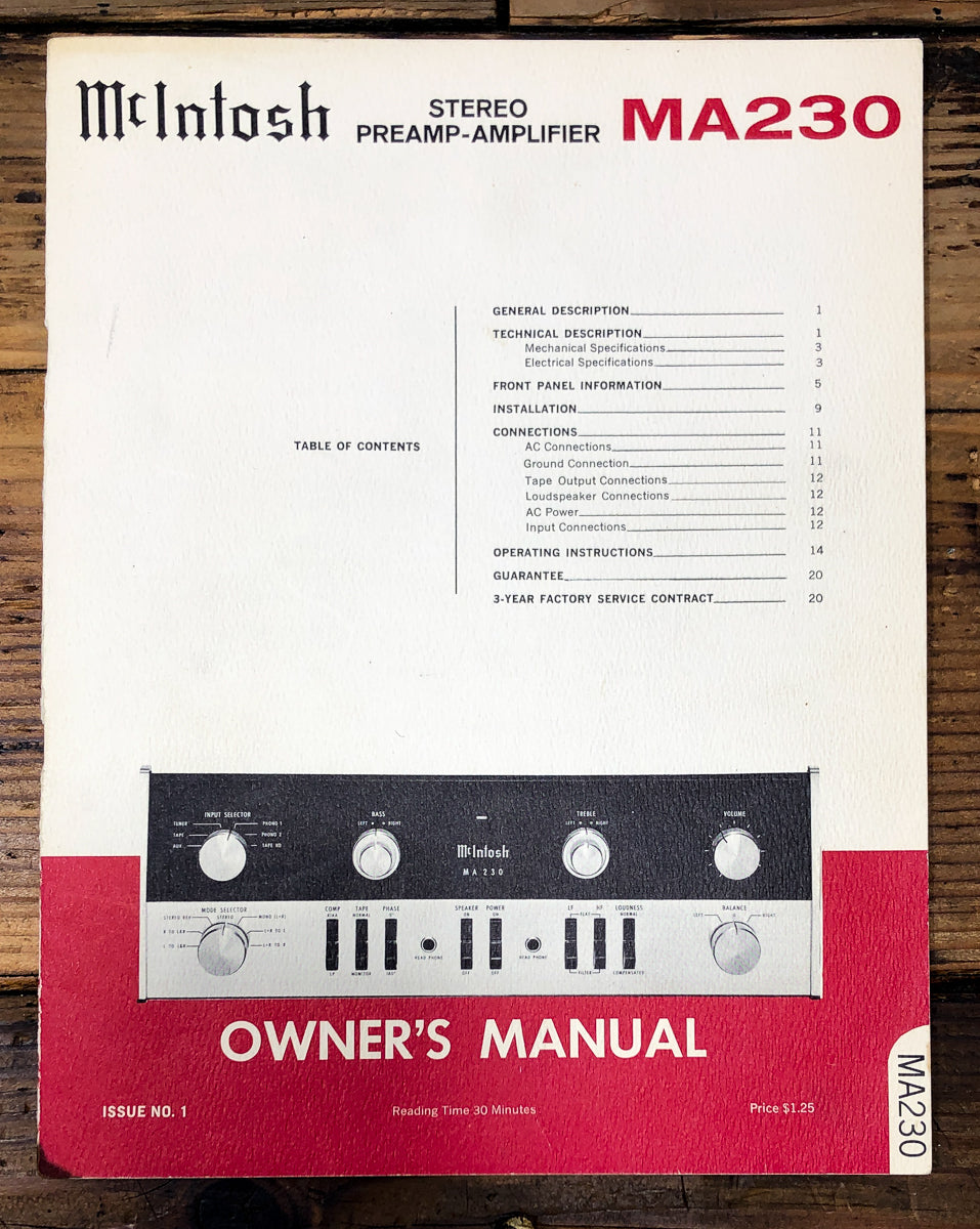 McIntosh MA-230 MA-230 Amplifier Issue 2 Owners / User Manual *Original*