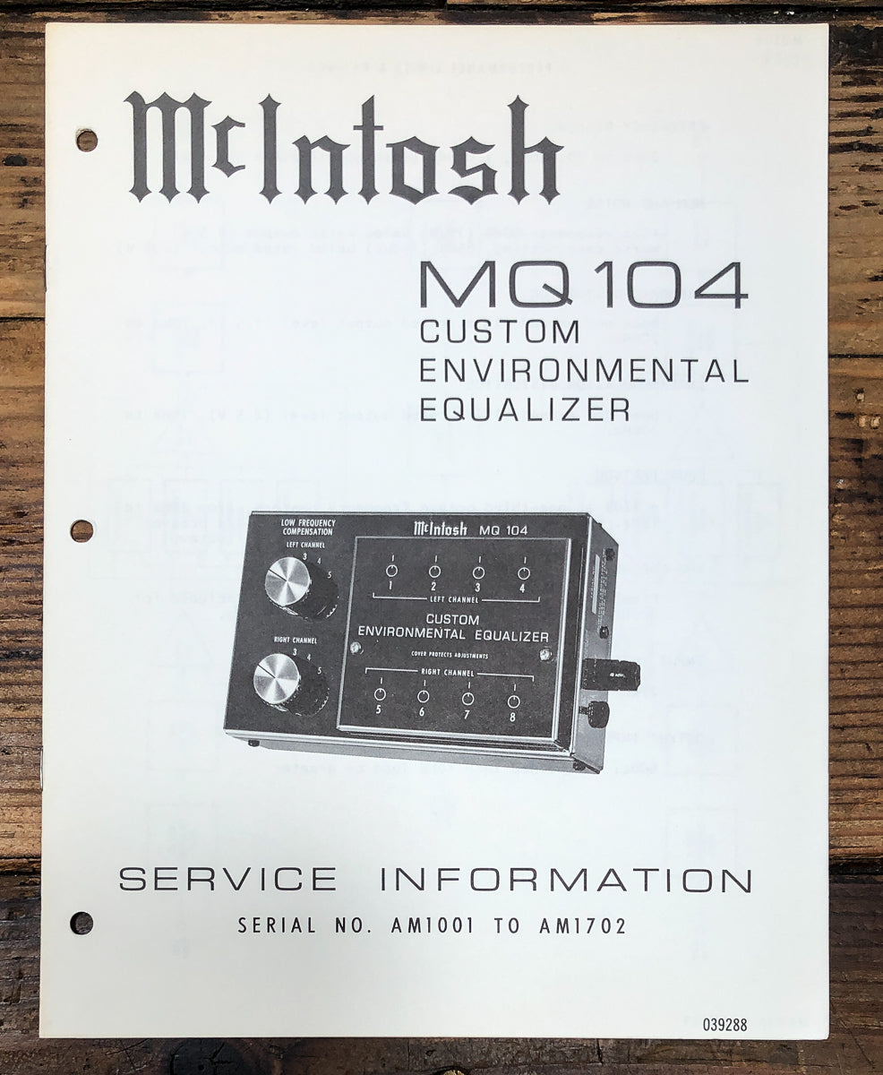 McIntosh MQ-104 MQ104 Equalizer AM1001 to AM1702 Service Manual *Original*