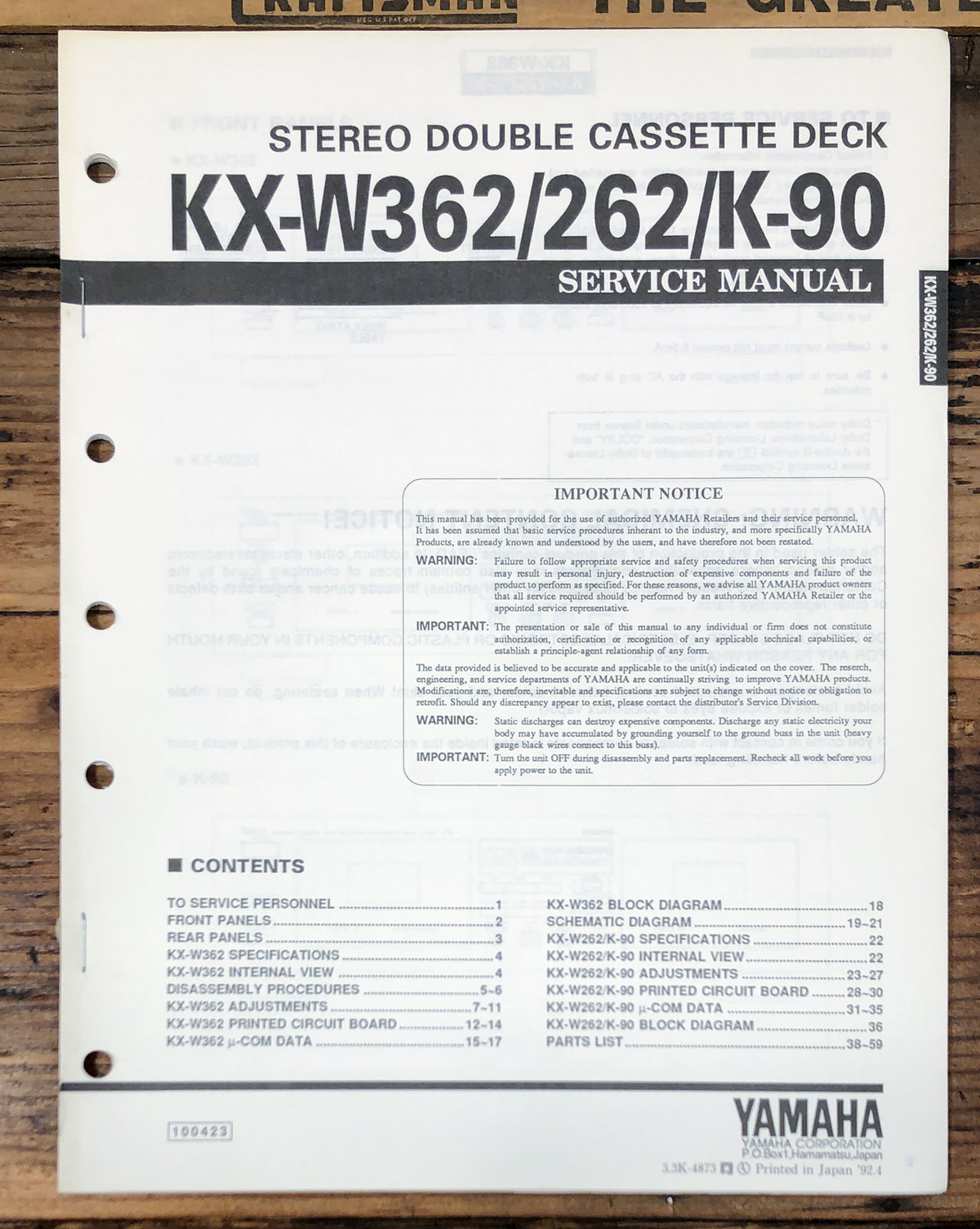 Yamaha KX-W362 -W262 K-90 Cassette  Service Manual *Original*