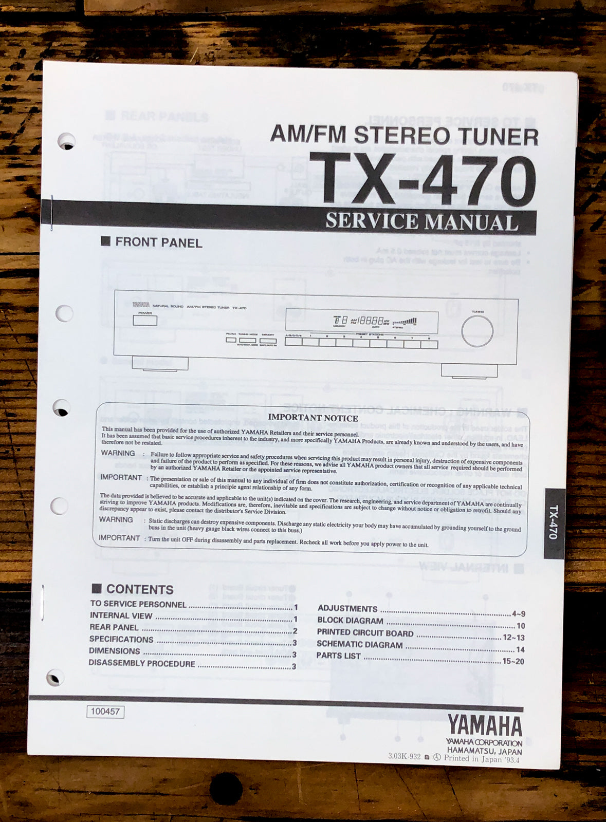 Yamaha TX-470 Tuner Service Manual *Original*