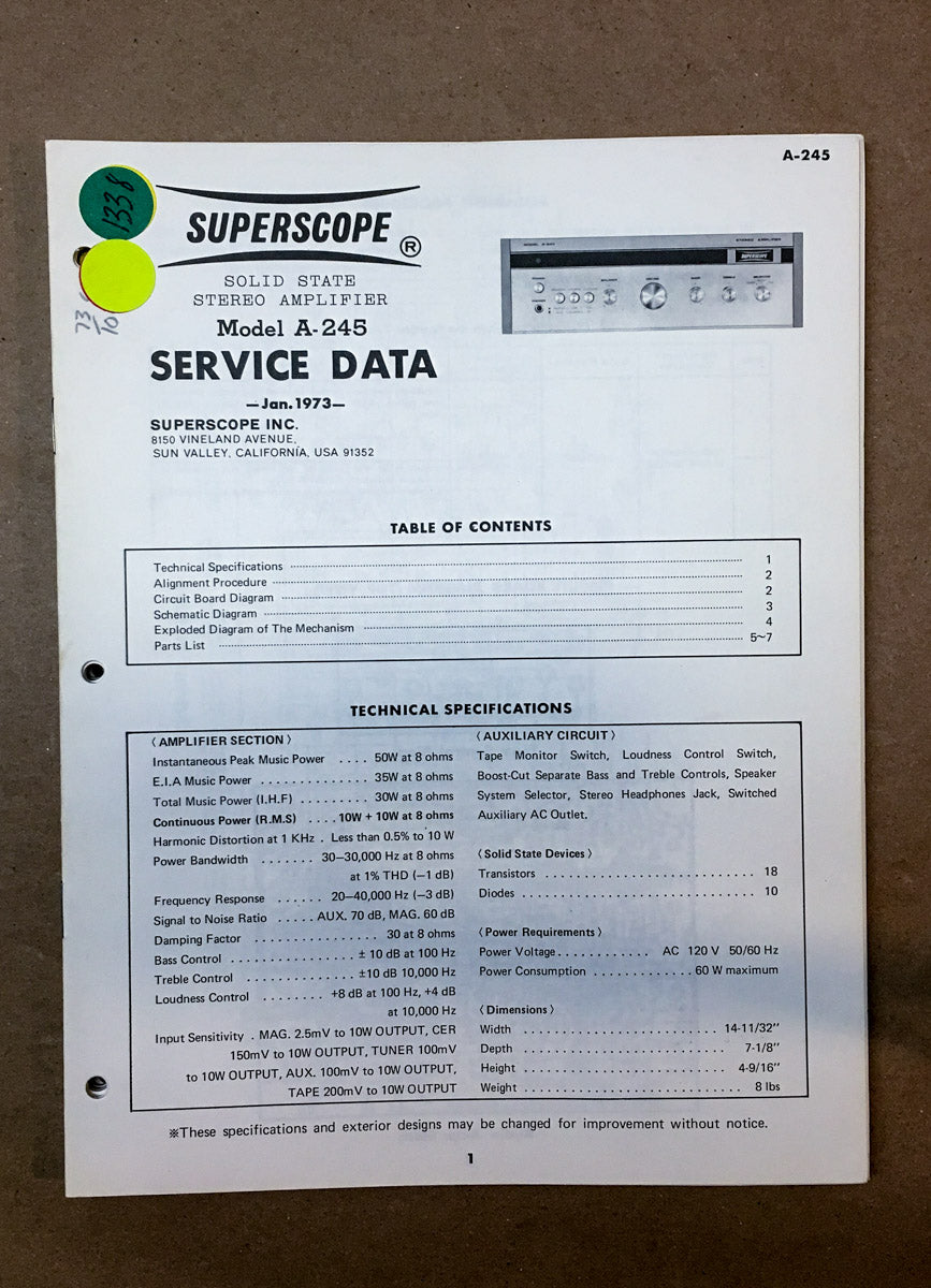 Superscope A-245 Amplifier  Service Manual *Original*