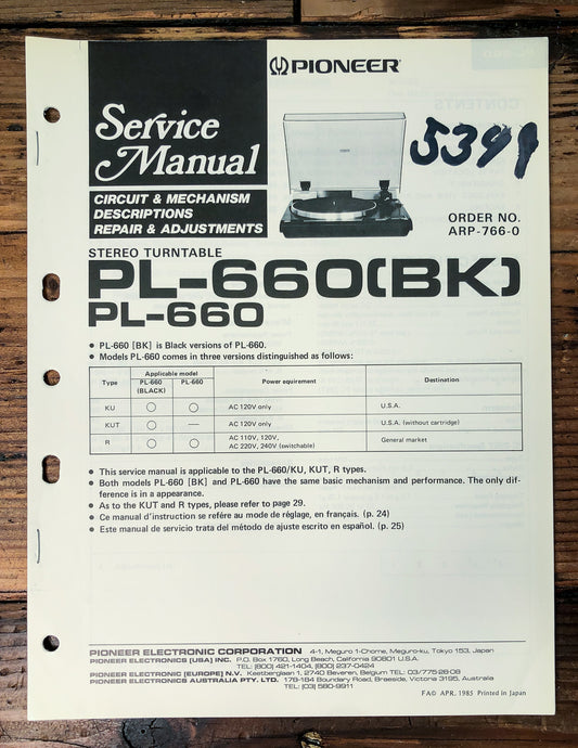 Pioneer PL-660 Turntable Service Manual *Original*