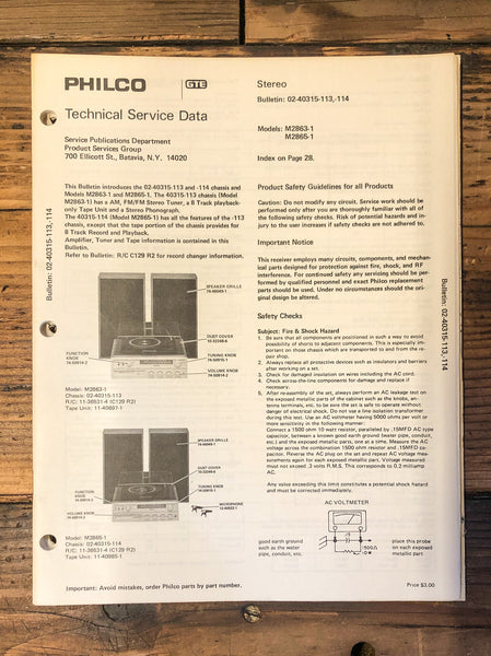 Philco Model M2863-1 M2865-1 Radio / Stereo  Service Manual *Original*