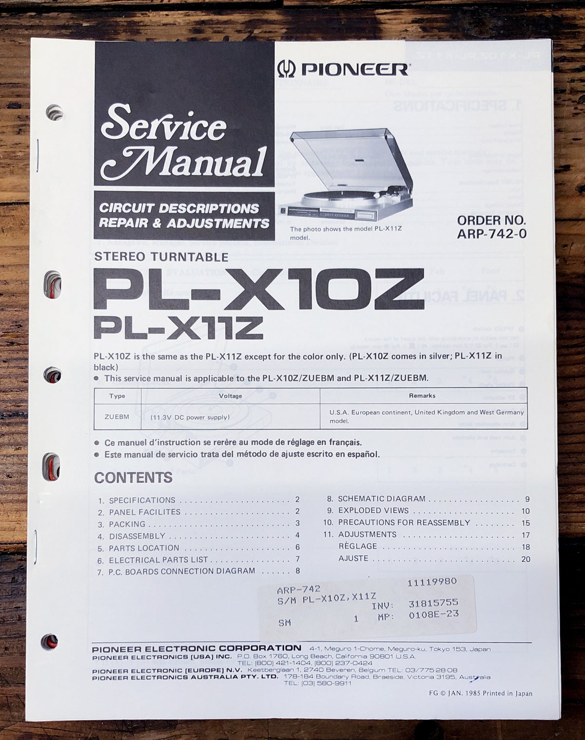 Pioneer PL-X10Z PL-X11Z Record Player / Turntable  Service Manual *Original*
