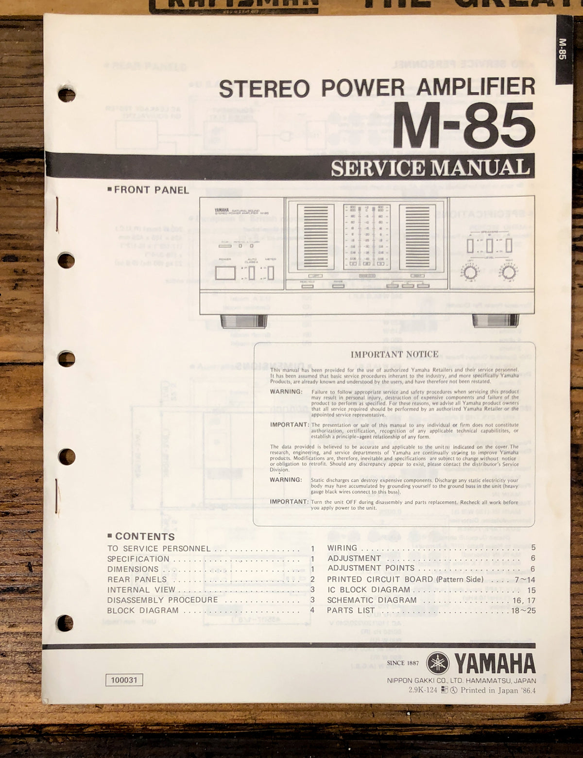 Yamaha M-85 Amplifier  Service Manual *Original*