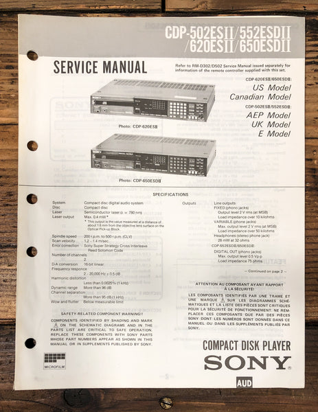 Sony CDP-502ES II -552ES -620ES -650ESD CD Player Service Manual *Original*