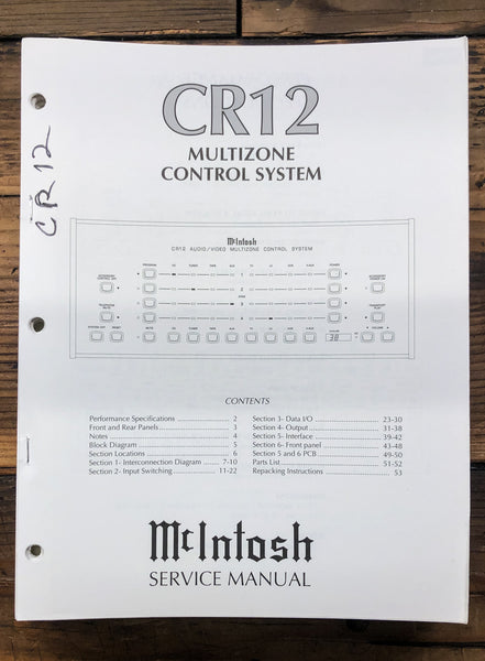 McIntosh CR12 CR-12 Remote Control Center  Service Manual *Original*