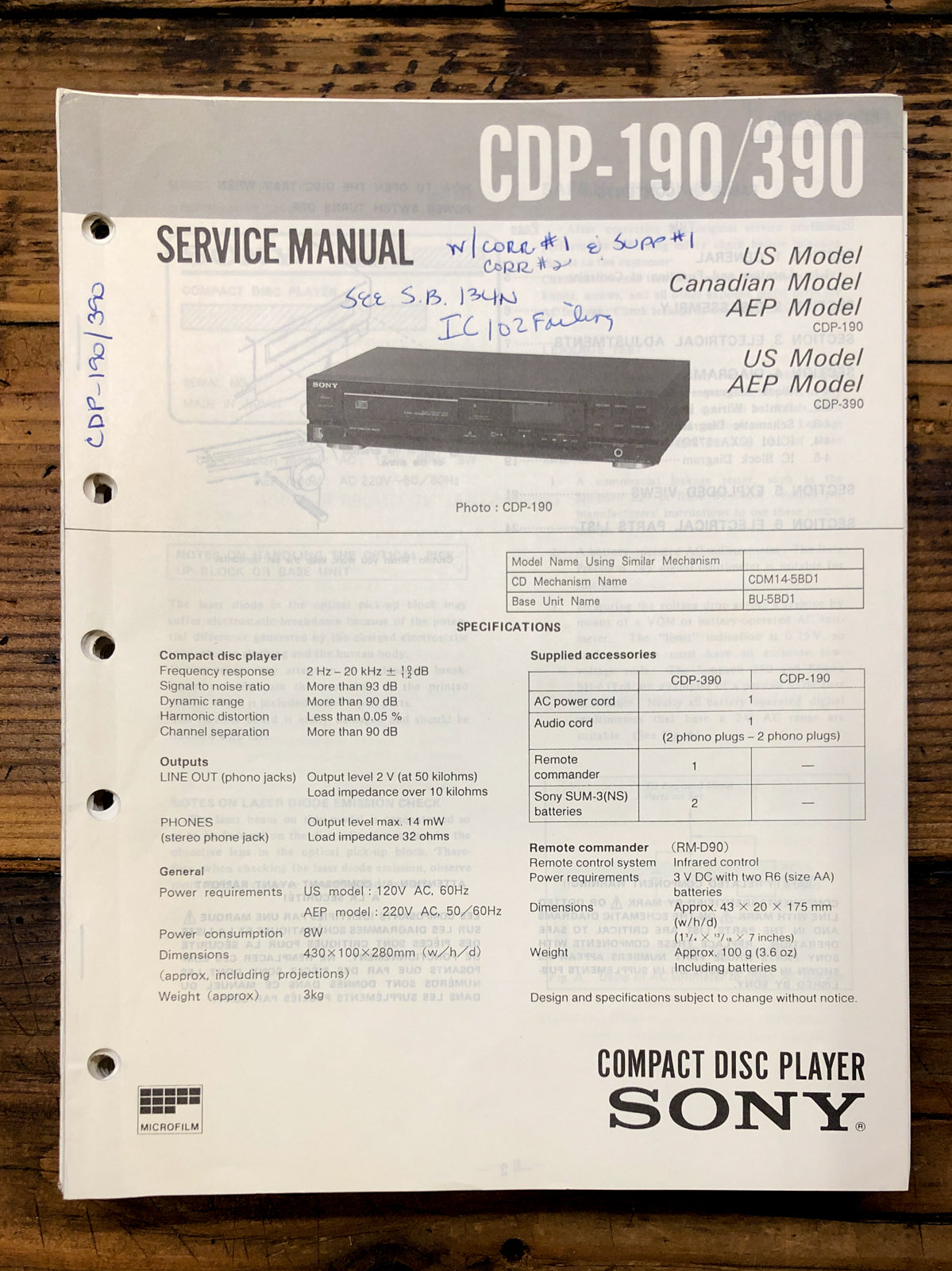 Sony CDP-190 CDP-390 CD Player  Service Manual *Original*