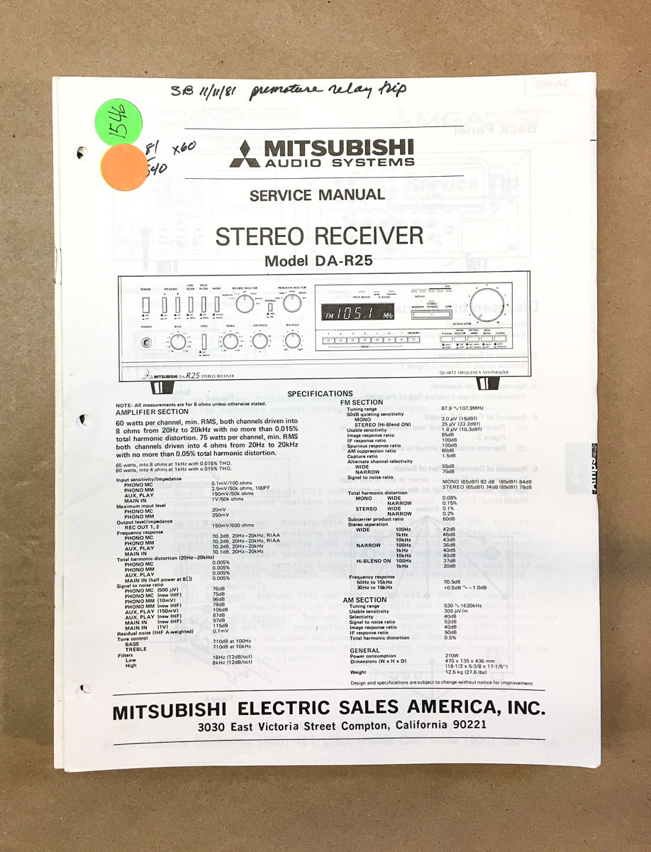 Mitsubishi DA-R25 Receiver  Service Manual *Original*