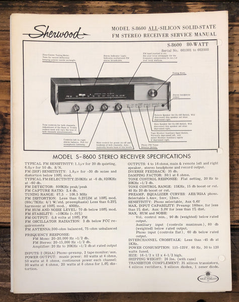 Sherwood S-8600 Receiver  Service Manual *Original*