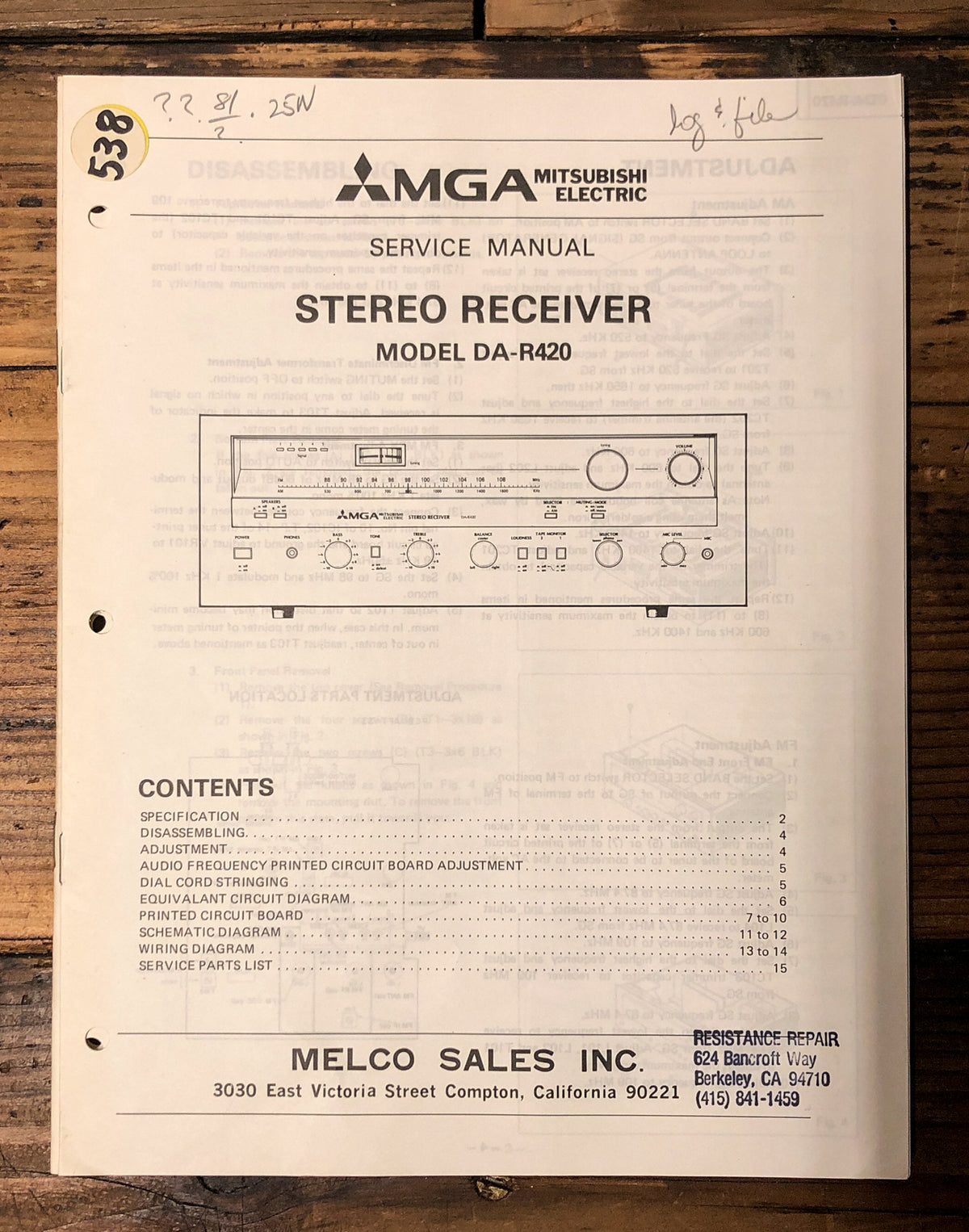 Mitsubishi DA-R420 Receiver  Service Manual *Original*