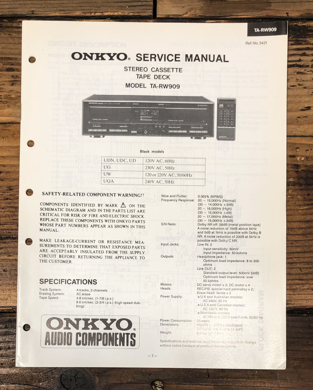 Onkyo TA-RW909 Cassette Service Manual *Original*