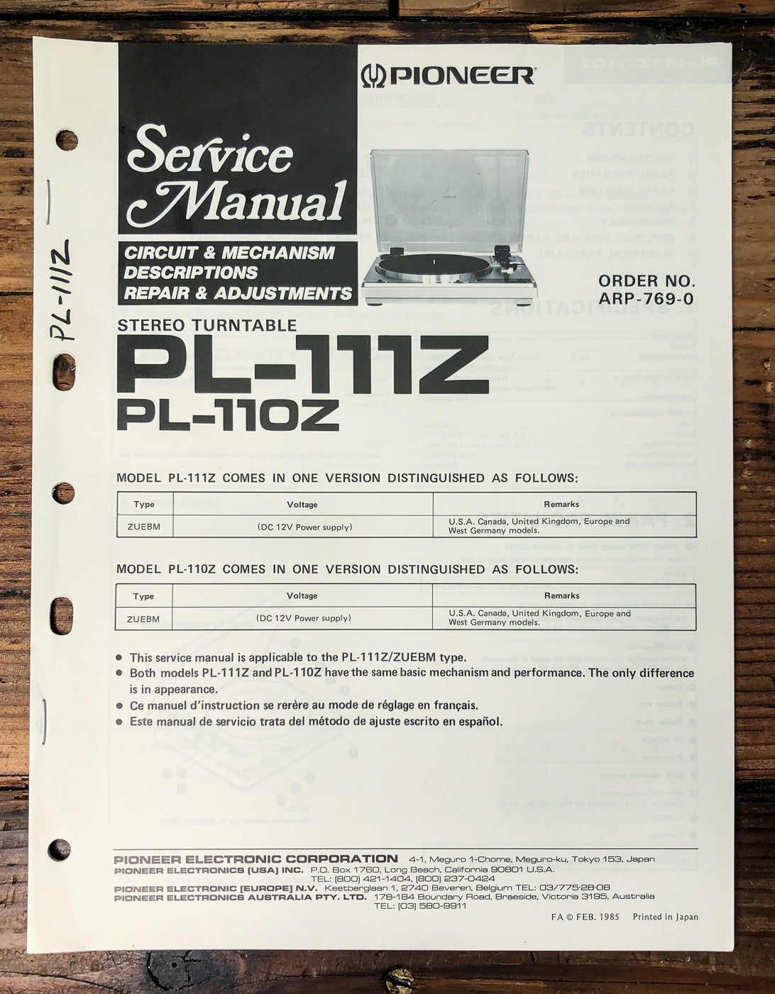 Pioneer PL-111Z PL-110Z Turntable Service Manual *Original*