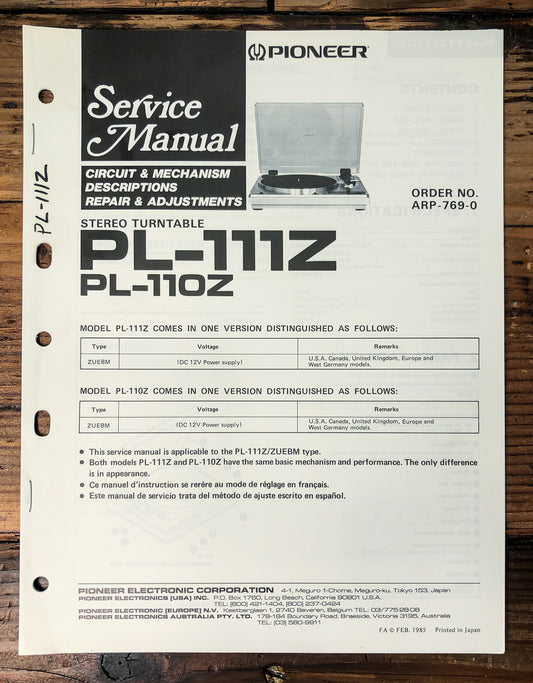 Pioneer PL-111Z PL-110Z Turntable Service Manual *Original*