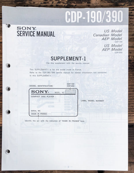Sony CDP-190 CDP-390 CD Player Supp. Service Manual *Original*