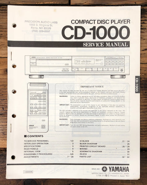 Yamaha CD-1000 CD Player  Service Manual *Original*