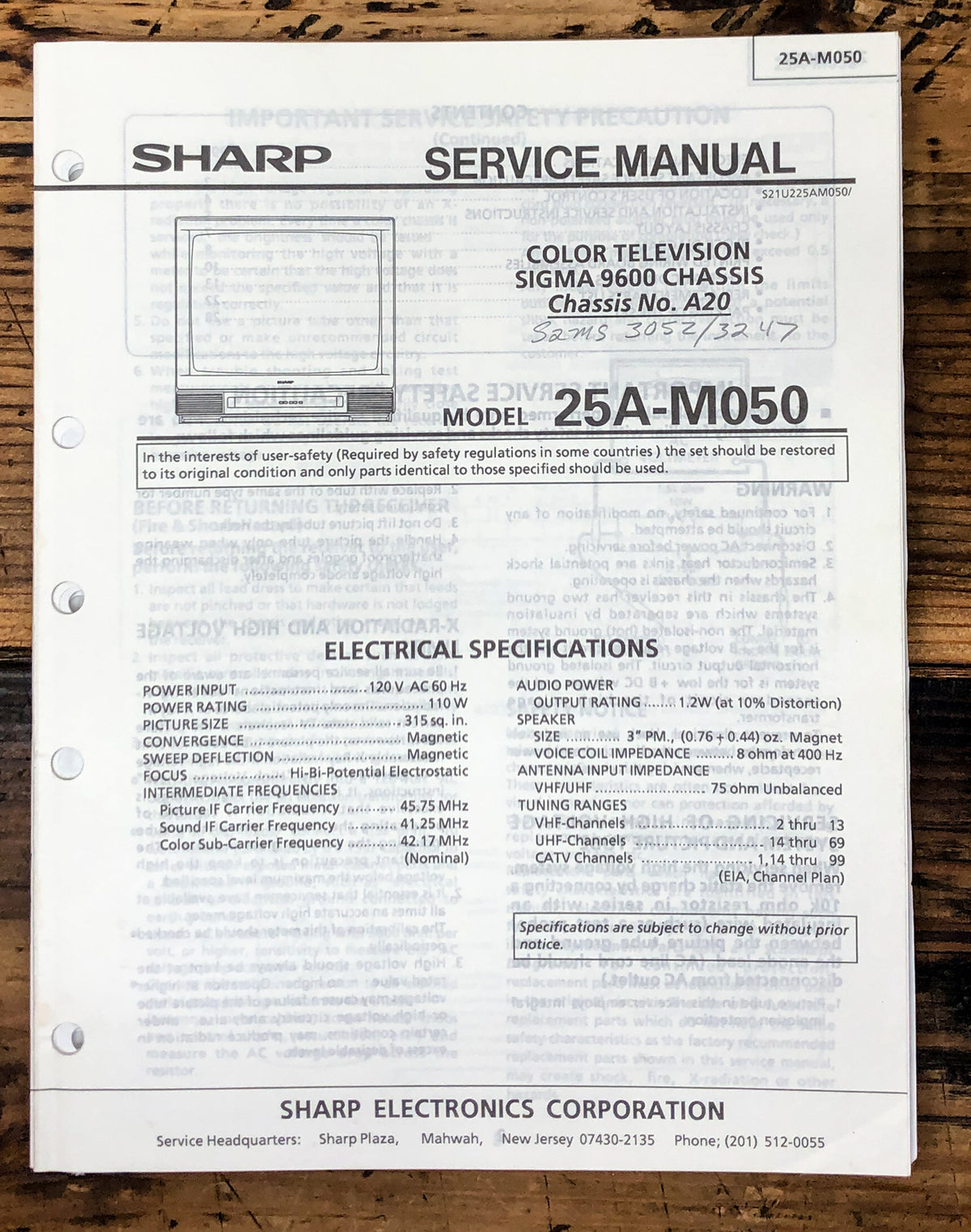 Sharp 25A-M050 TV / Television Service Manual *Original*
