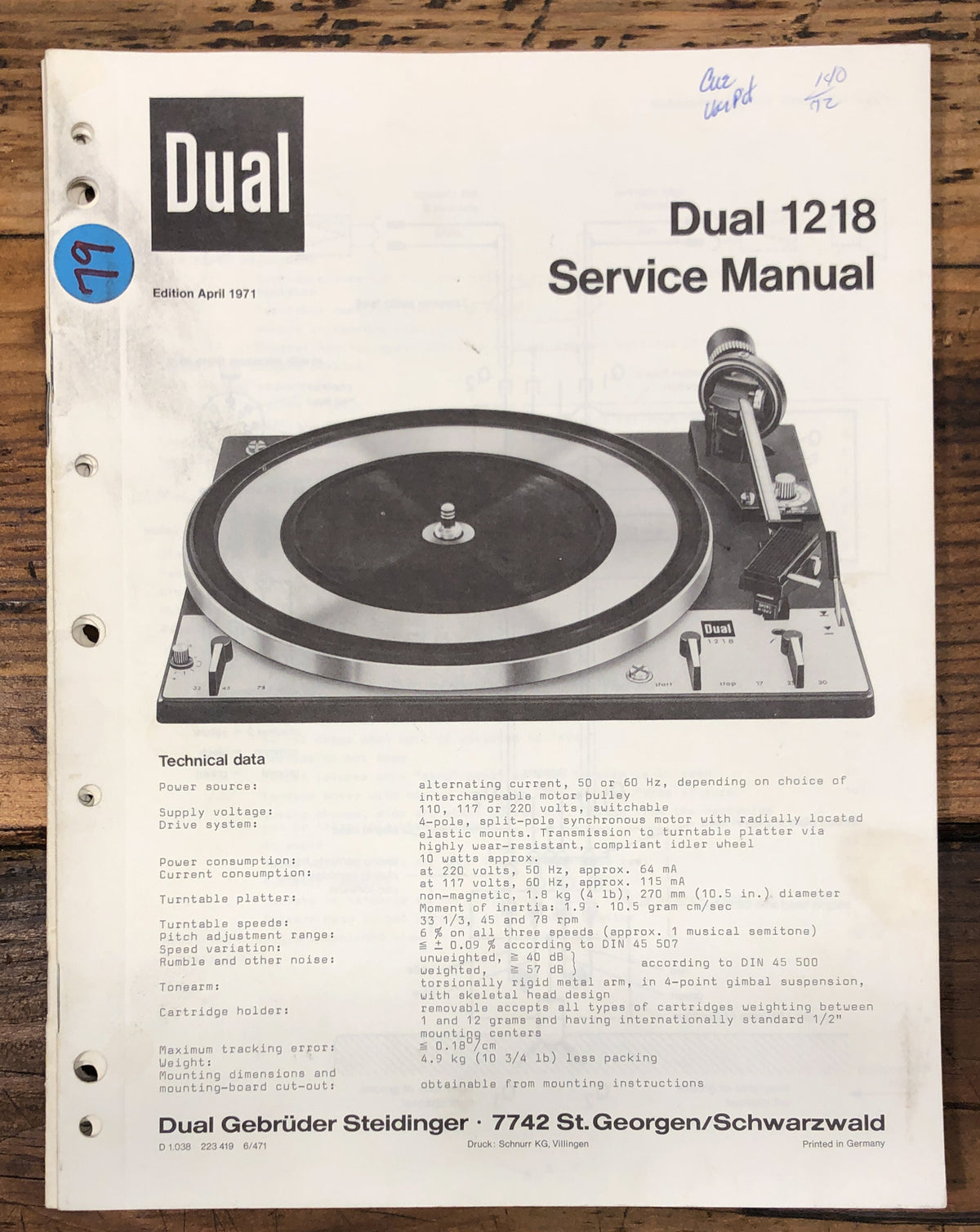 Dual Model 1218 Record Player / Turntable  Service Manual *Original*