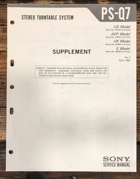 Sony PS-Q7 Record Player / Turntable Supp. Service Manual *Original*