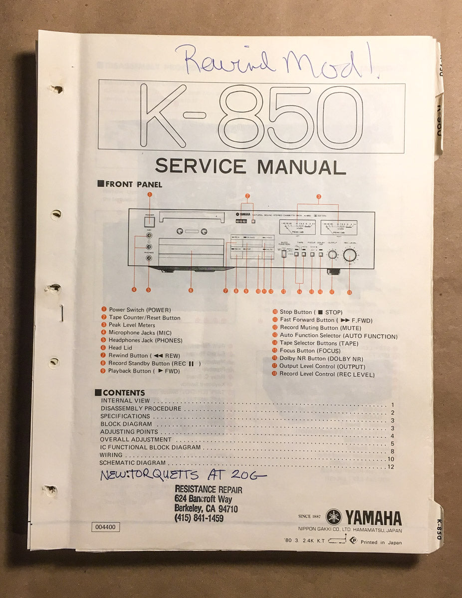 Yamaha K-850 Cassette  Service Manual *Original*