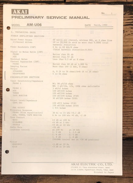 Akai AM-U06 Amplifier PreliminaryService Manual *Original*