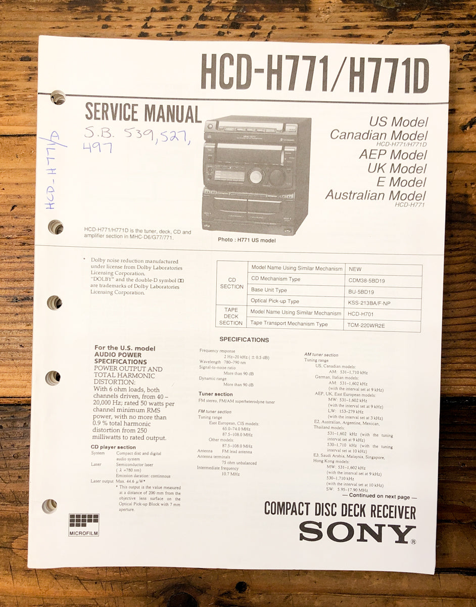 Sony HCD-H771 HCD-H771D Stereo  Service Manual *Original*