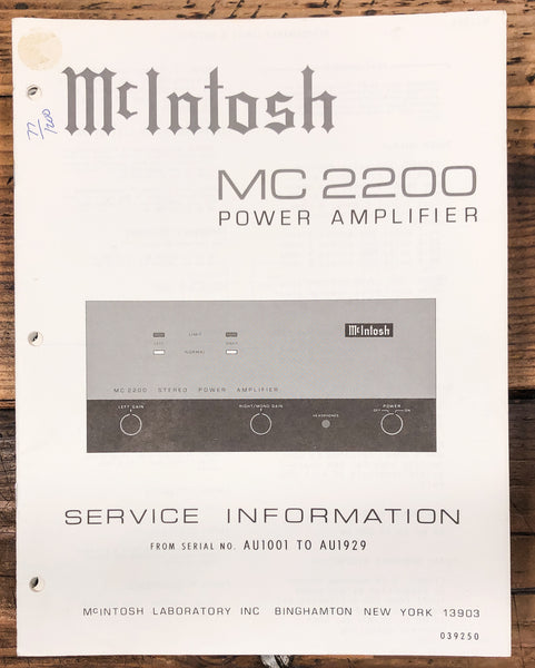 McIntosh MC2200 MC-2200 Amplifier  Service Manual *Original* #3