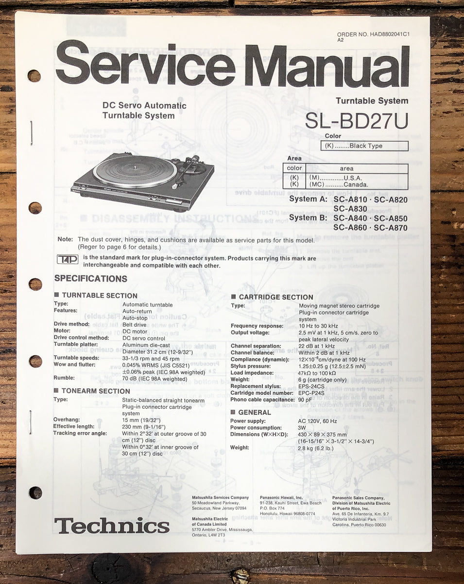 Technics SL-BD27U Record Player / Turntable Service Manual *Original*