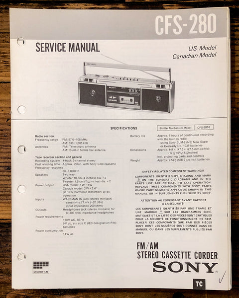 Sony CFS-280 Radio / Stereo  Service Manual *Original*