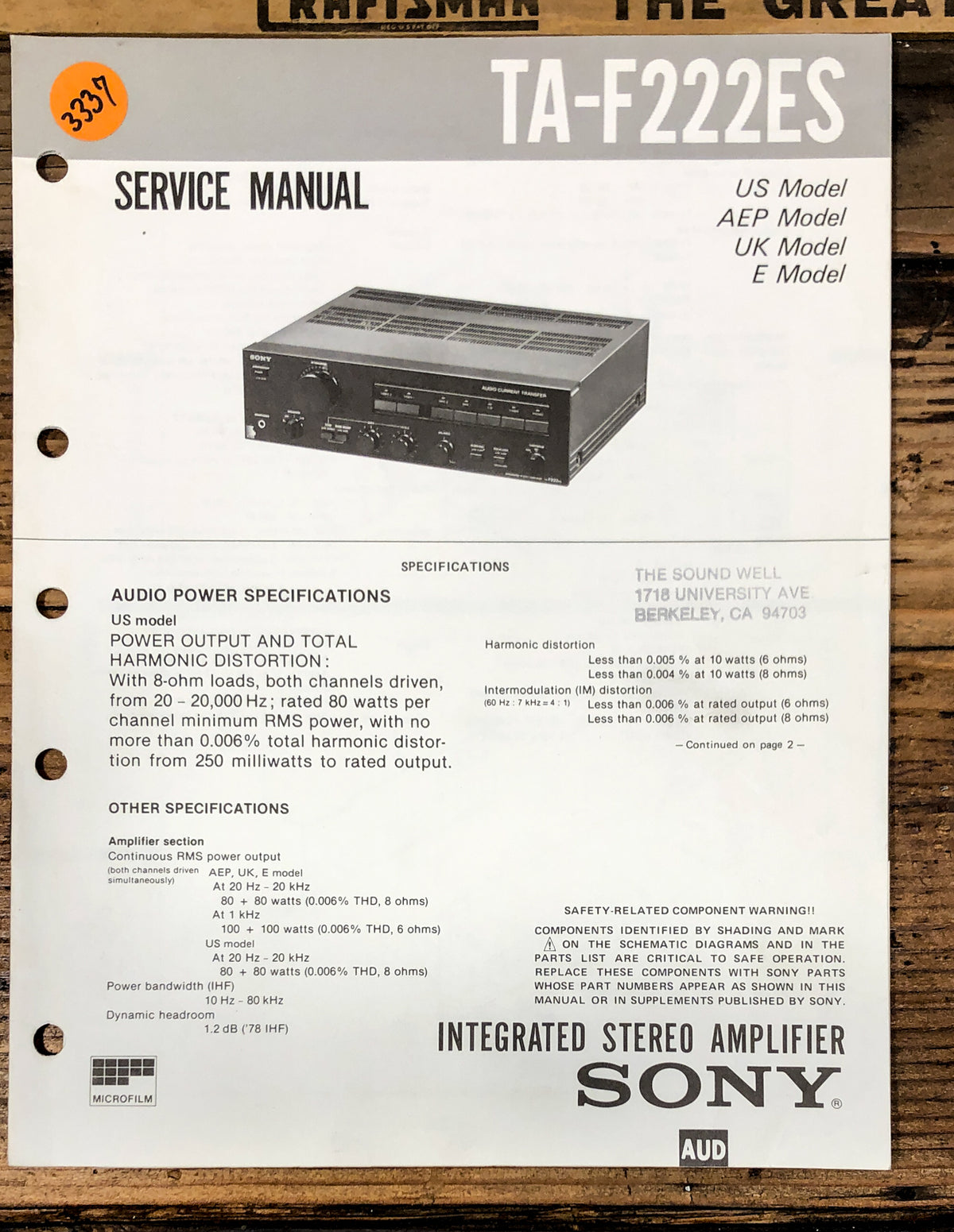 Sony TA-F222ES Amplifier  Service Manual *Original*