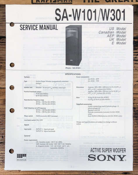 Sony SA-W101 SA-W301 Super Woofer  Service Manual *Original*